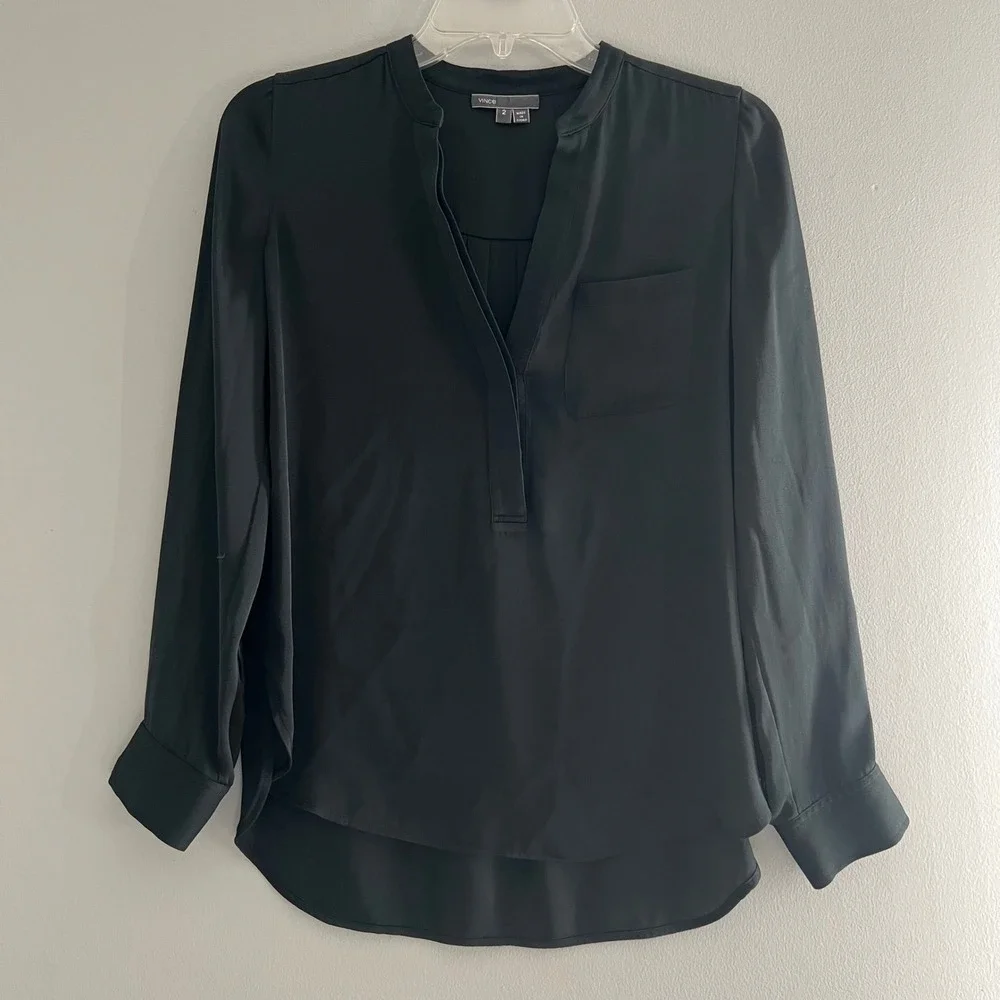 Vince Silk Blend Hi Low Popover Tunic‎ Blouse Black Split Neck Pocket Size 2
